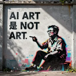 full color banksy graffiti with statement of ai art is not art, detailed, realistic, ai weiwei, glitch art effect