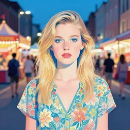 summer night, city street carnival, portrait of young elle macpherson, very coherent and colorful high contrast art, art by simon stalenhag, floralpunk screen printing woodblock, pastel color, hard lightings
