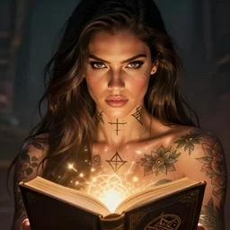 close-up face centred portrait Adriana Lima as a female warrior, body covered in floral tattoos and Wiccan runes , open magic book glowing, D&D, fantasy, highly detailed, digital art, fantasy illustration, trending on artstation, smooth, sharp focus, illustration, art by artgem and ROBERT HYNES