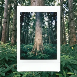 a polaroid selfie picture taken by a tree in the midst of a forest surrounded by tall sycamore trees and shrubbery