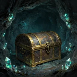 a treasure chest in a dark cave with glowing crystals on the walls, boris vallejo