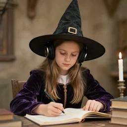 young medieval girl wearing witch's hat and headphones sitting studying