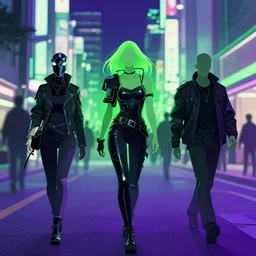 cyberpunk metal hunters walking in shinjuku, green and purple hour by ismail inceoglu