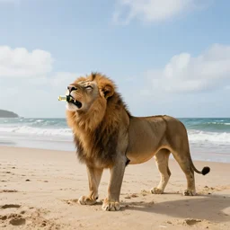 photo of a lion drinking champagne at the beach, wide angle, highly - detailed realistic