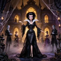 portrait of creepy seductive gothic disney whimsical elvira barbie dolls with black hair standing in a ornate haunted mansion during a seance spider webs, glamour pose, guillermo del toro, hp lovecraft, alphonse mucha, wes anderson, volumetric lighting, mist, golden hour, ilya kuvshinov, wes craven, greg rutkowski,