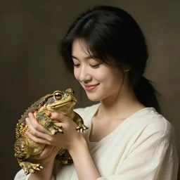black haired young woman holding a toad and smiling, john william waterhouse, soft lighting, romantic, love