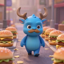 a blue demon with a moustache and antlers walking down a street full of hamburgers and frosted flakes leaves, nendoroid, in the croods movie style, anime, disney, pixar, 8 k, hd, dof, kodak film, volumetric lighting, subsurface scattering, photorealistic, octane render, details