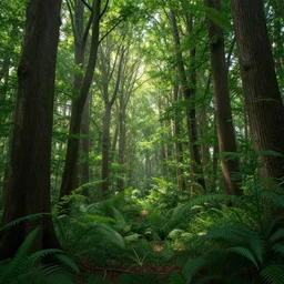 photo of a beautiful magical fantasy forest, with sunlight filtering through the trees, dense, verdant, surrounded by beautiful iridescent bushes, stunning opalescent trees, 35mm photo, award-winning magazine cover photo, nature photography, cinematic, dramatic, establishing shot
