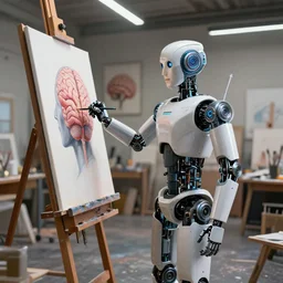 a high resolution photo of a!! robot painting a picture of a human brain!!, standing in an!! artist's studio!!, hyper detailed, photography, realistic, art, 8 k, unreal engine, cinematic, shallow focus, wide angle