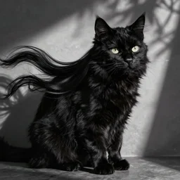 a black cat with long black flowing hair