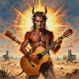 centered detailed portrait, the devil at the crossroads, with a guitar, southern texas desert landscape, art by jean giraud and moebius, volumetric, realistic, expressive emotions, illustration