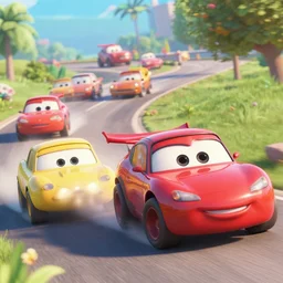pixar charakters drifting their cars. realistic, octane render, trending on artstation