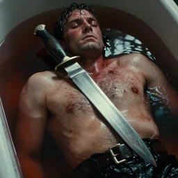 hyper detailed movie still of marat knife at the chest, in a bath flooded with blood, cinestill 8 0 0 t 3 5 mm, high quality, heavy grain, high detail, cinematic composition, dramatic light, anamorphic, ultra wide lens, hyperrealistic, by josef sudek
