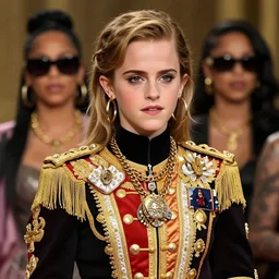 emma watson wearing designer royal mantle as doja cat as cardi b wearing gold chain and sunglasses and gold hoop earrings by greg rutkowski by artgem trending on artstation hero concept art