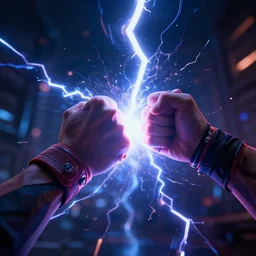 fistfight of lightning on energy beam, cyberpunk, UHD, trending