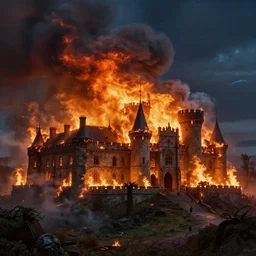 medieval villa consumed by smoke and fire, fire in night sky, burning, summerhall disaster, game of thrones, volumetric lighting, fantasy artwork, very beautiful scenery, very realistic painting effect, hd, hdr, cinematic 4 k wallpaper, 8 k, ultra detailed, high resolution, artstation