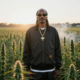a still of Snoop Dogg wearing  sunglasses standing in a large field of Marijuana plants. Very shallow depth of field. Magic hour, backlit, lens flare, smoke in the air.