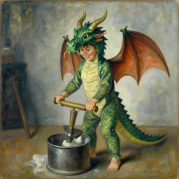 rose by affandi, by suzanne valadon churning. a assemblage of a young boy disguised as a dragon. the boy is shown wearing a costume with dragon - like features, including a long tail, wings, & horns. he has a large grin on his face, suggesting that he is enjoying his disguise.