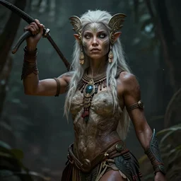 an concept art of the amazonian queen, pale hair, one eye, intricate details, detailed face, detailed clothes, artstation, epic pose, ambient light, by rembrandt