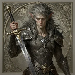 changeling who is eclectic and has bushy hair along with a sword, deep focus, d & d, fantasy, intricate, elegant, highly detailed, digital painting, artstation, concept art, matte, sharp focus, illustration, hearthstone, art by artgerm and greg rutkowski and alphonse mucha