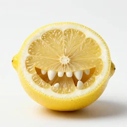 a realistic lemon, cut in half. the lemon is creepy, smiling, sharp teeth.