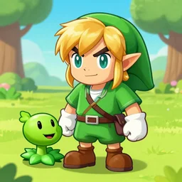 an in game portrait of link from plants vs zombies, plants vs zombies art style.