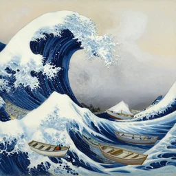 the painting depicts a huge wave about to crash down on three small boats. the boats are filled with people, and they all look terrified. nuremberg chronicle by boris vallejo, by jean auguste dominique ingres brash, casual