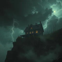 in the style of charlie bowater, dean cornwell, yoji shinkawa : : stunning, spooky haunted house on a cliff : : lighting, clouds, storm : : night time, cinematic lighting : :