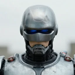face macro shot, robocop, flat light, overcast