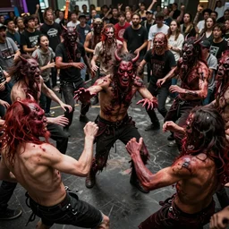 abstract mosh pit, slam dancing, circle pit demons, violent zombie dance, violent protest, war photography, high detail, 4 k