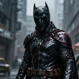 dark knight covered in blood dark futuristic realistic rainy award winning, trending on artstation, unreal engine