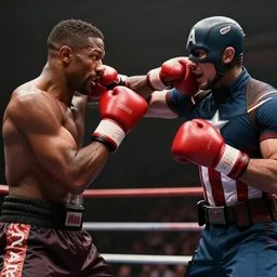 Full Scene of shirtless Micheal B Jordan with red boxing gloves, He is punching captain america in the face, Captain America is Chris Evans, realistic, detailed, 4k by Greg Rutkowski Mark Arian trending on artstation