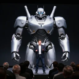 Elon Musk presenting a giant mecha robot to an audience, Tesla Presentation, Professional photography, 8K
