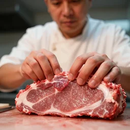 low angle view closeup of a butcher preparing meats, you can see the butcher's face