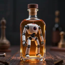 a robot inside a whiskey bottle, fantasy art