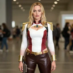 A portrait of a margot robbie in a cosplay uniform, piercing eyes, highly detailed, bokeh, professional photograph, full body shot 4K, HD