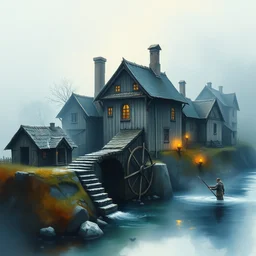 paint brush strokes, abstract watercolor painting of rustic village, water mill stone, viking age, fog, ambient lighting, art by hans dahl, by jesper ejsing, art by anders zorn, wonderful masterpiece by greg rutkowski, cinematic light, american romanticism by greg manchess, creation by tyler edlin