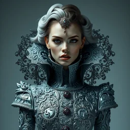 portrait of beautiful female super model, perfect symmetrical pose, sharp, by irakli nadar with intricate detailed wearing silver victorian dress designed by alexander mcqueen and rocky gathercole, haunting, elite, elegant, ruan jia, dark, hyper detailed, concept art, intricate, detailed
