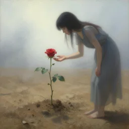 lonely rose growing on dry soil, woman caring for the rose, fantasy world, ethereal back light, mist, coherent composition, detailed fantasy painting, noriyoshi ohrai, yuumei, mark brooks