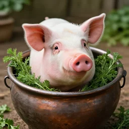 a pig in a cauldron with herbs