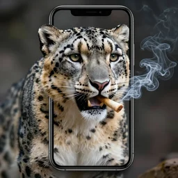 Snow leopard with a smokey joint in his mouth, iPhone photo