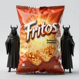 a cult of black cloak wearing individuals summon a demonic bag of Fritos brand corn chips from the depths of a raging fire pit. Flames are emerging from fissures in the ground.