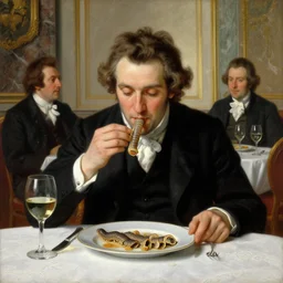 symmetry!! baroque oil painting handsome aristocrat in elegant black suit eating small cooked and sliced dune sandworm in a beautiful restaurant, painted by greg rutkowski cushart krentz jeremy mann alphonse mucha, dune sandworm, wine glass, marble interior, close up shot, soft lighting, elegant, morandi color scheme, white embroidered tablecloth, baroque style, volumetric lighting, photo realistic, highly detailed, sharp focus