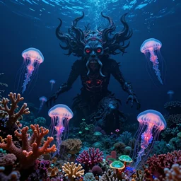 nightmare of the deep ocean by zdzisław beksinski, ernst haeckel, ed binkley, and wayne barlow, bioluminescent, colorful coral reef, jellyfish, ai biodiversity, photorealistic ultrasharp hyperdetailed octane render, psychedelic