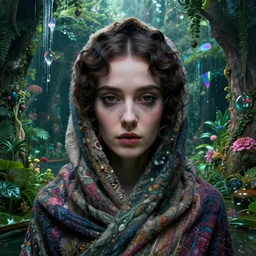 detailed face of a genteel woman clothed wrapped in textiles, lush, opulent, walled garden, utopian, tech noir, wet reflections, prism, atmospheric, ambient, pj crook, syd mead, livia prima, artgerm, greg rutkowski, nick alm, casey baugh
