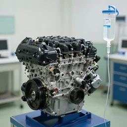 v 8 engine on an engine stand connected to medical drip