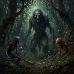 an ultra realistic very complex high detailed horror fairy dark forest with creepy monster and creatures, oil painting