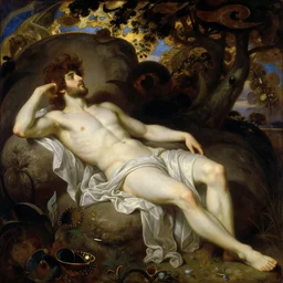 a symbolist painting about the lie we live in the style of Jupiter and Semele by Gustave Moreau