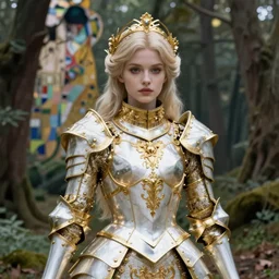 a masterpiece ultrarealistic ultradetailed portrait of a incredibly beautiful girl in incredible white goledn armor. baroque renaissance. in forest. medium shot, intricate, elegant, highly detailed. trending on artstation, digital art, by stanley artgerm lau, wlop, rossdraws, james jean, andrei riabovitchev, marc simonetti, yoshitaka amano. background by james jean and gustav klimt, light by julie bell, 4 k, porcelain skin.