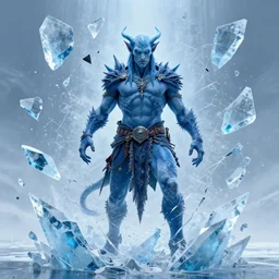 a blue tiefling man frozen in ice and being shattering into a million pieces, cracked, destroyed, by Tony Sart, detailed, realistic, masterpiece, symmetrical